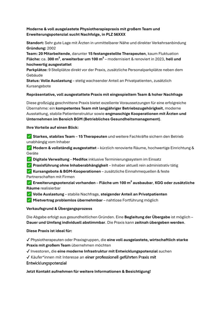 Physiotherapie Nachfolge