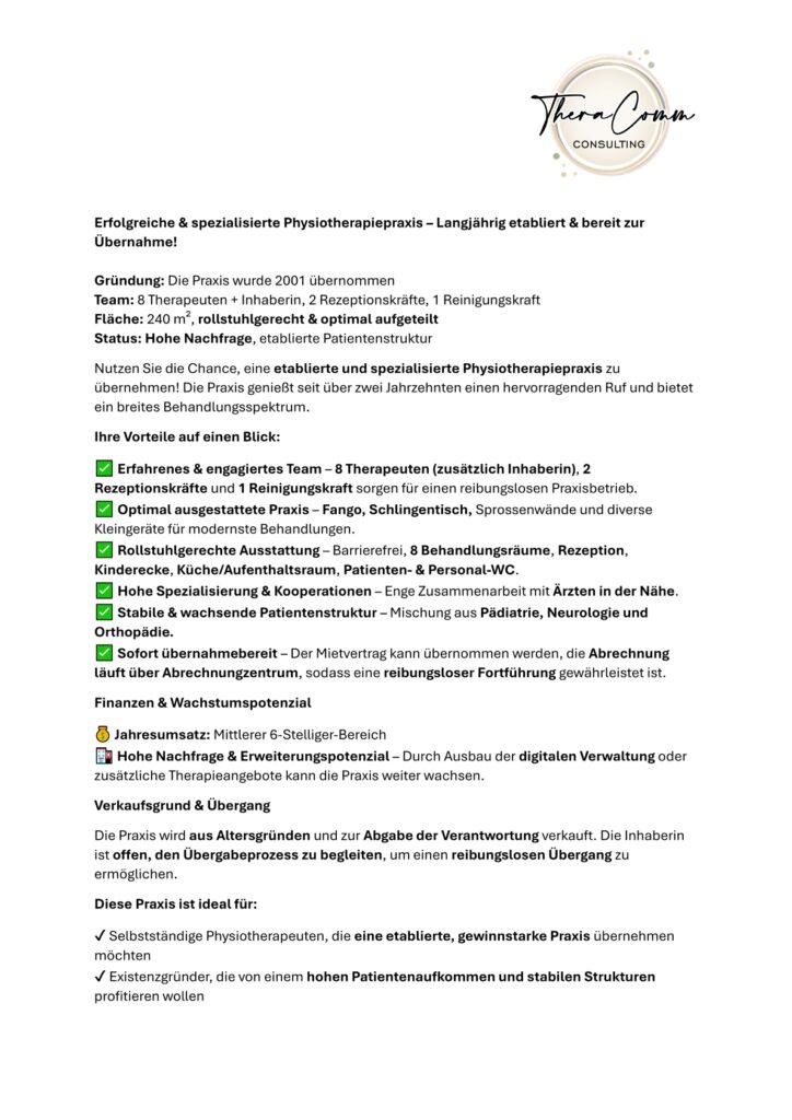 Physiotherapie Nachfolge PLZ 93XXX