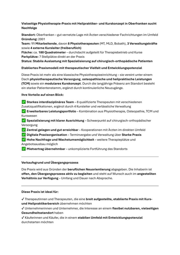 Physiotherapie Nachfolge