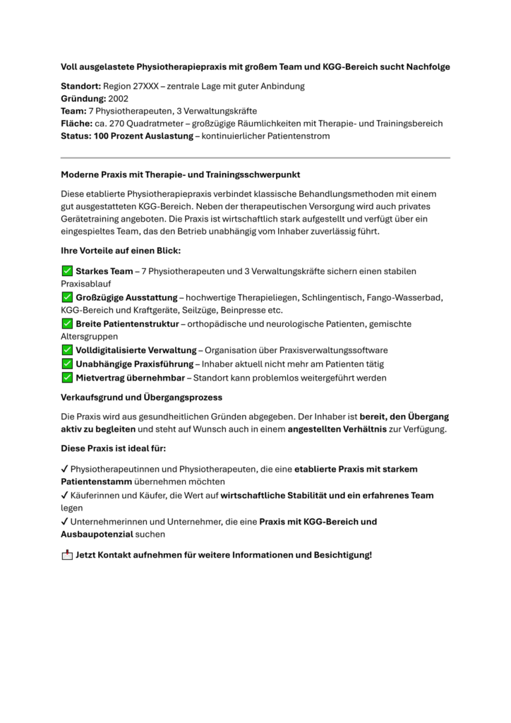 Physiotherapie Nachfolge